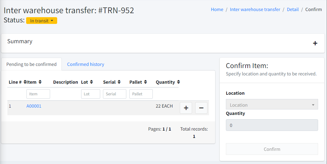 Int warehouse transfer request confirmation modal