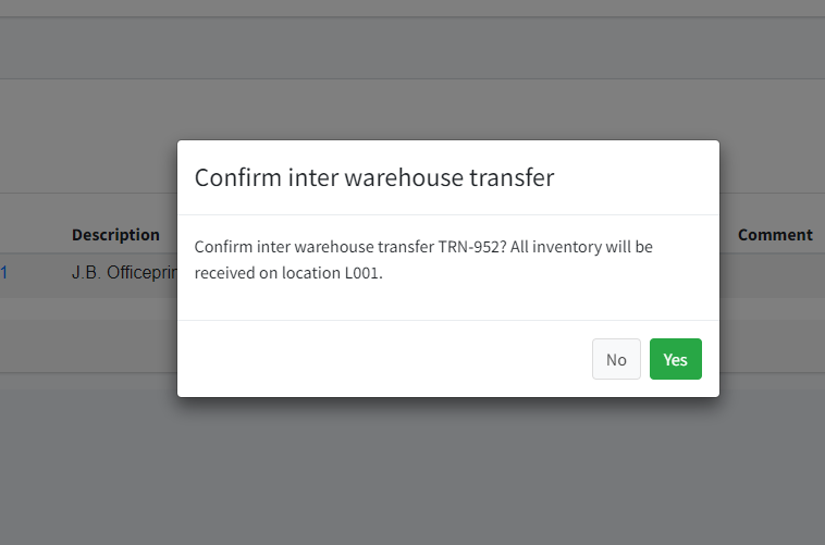 Int warehouse transfer request confirmation modal