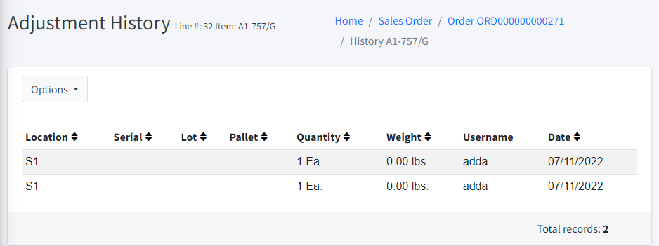 Picking adjustments history