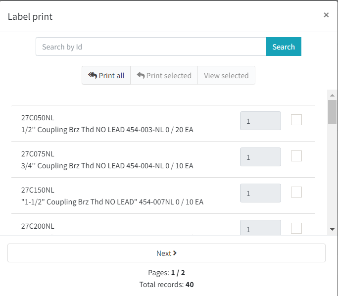 Receiving order product labels printer modal