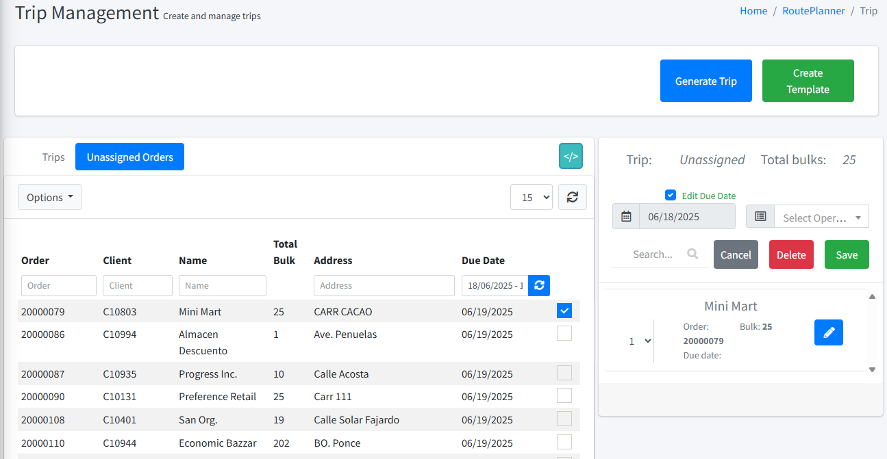 Route Planner Unassigned Orders