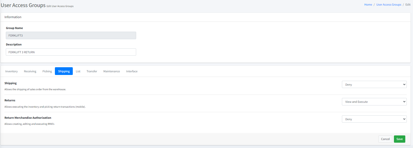 User Access Group - Shipping